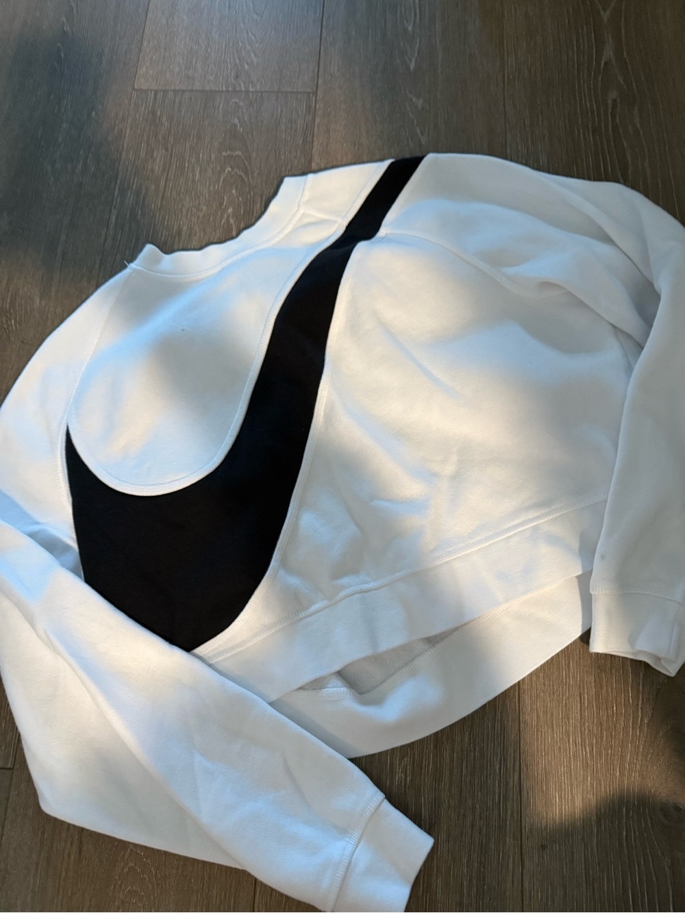 Nike White Cropped Sweatshirt with Black Swoosh